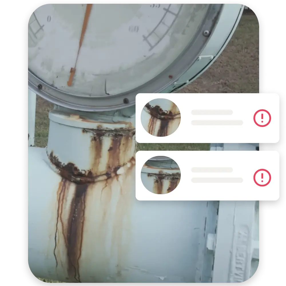 Corrosion detected on industrial equipment with AI-generated anomaly alerts